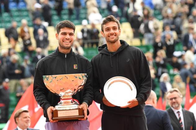 TENNIS : Rolex Monte Carlo Masters 2025 - Finale - Masters 1000 ATP, Tennis Herren - Monaco - 13 04 2025 Carlos Alcaraz (ESP) - Lorenzo Musetti (ITA) Monaco  Copyright: xChryslenexCaillaudx xMCCCx