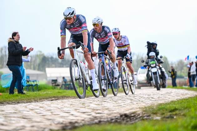 Paris Roubaix 2025 Cycling Race Roubaix, France - April 13 : Van Der Poel Mathieu (NED) of Alpecin - Deceuninck, Philipsen Jasper (BEL) of Alpecin-Deceuninck, Pogacar Tadej (SLO) of UAE Team Emirates - XRG in the escape pack during the 122nd edition of Paris Roubaix an UCI World Tour cycling race for Men Elite of 259,7 kms with start in Compiegne and finish at the Velodrome Andre-Petrieux in Roubaix on April 13, 2025 in Roubaix, France, 13 04 2025 ( Motordriver Kenny Verfaillie - Roubaix France  Copyright: xVincentxKalutx