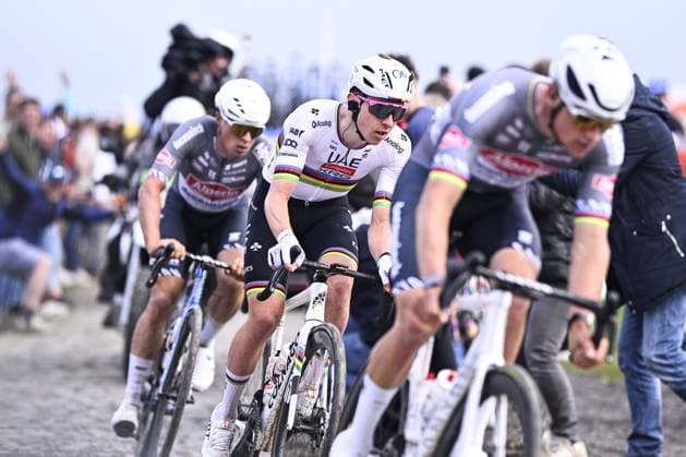 Slovenian Tadej Pogacar of UAE Team Emirates pictured in action during the men elite race of the Paris-Roubaix one day cycling race, 259,2 km from Compiegne to Roubaix, France, on Sunday 13 April 2025. JASPERxJACOBS  x120718135x