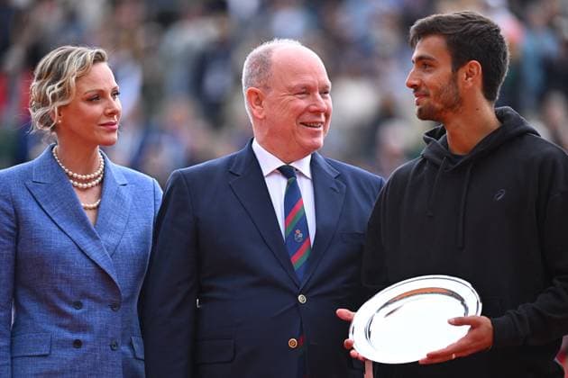 Prince Albert II And Charlene At Rolex Masters Final - Monaco (L to R) Princess Charlene of Monaco, Prince Albert II of Monaco and Lorenzo Musetti of Italy (2nd place) at the trophy presentation after the singles final during day eight of the Rolex Monte-Carlo Masters at Monte-Carlo Country Club on April 13, 2025 in Monte-Carlo, Monaco. Photo by Corinne Dubreuil ATP, Tennis Herren Tour ABACAPRESS.COM Monaco Monte-Carlo Monaco  Copyright: xDubreuilxCorinne ABACAx