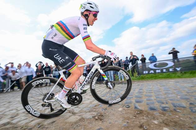 Paris Roubaix 2025 Cycling Race Roubaix, France - April 13 : Pogacar Tadej (SLO) of UAE Team Emirates - XRG in action during the 122nd edition of Paris Roubaix an UCI World Tour cycling race for Men Elite of 259,7 kms with start in Compiegne and finish at the Velodrome Andre-Petrieux in Roubaix on April 13, 2025 in Roubaix, France, 13 04 2025 ( Motordriver Kenny Verfaillie - Roubaix France  Copyright: xVincentxKalutx