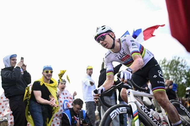 Slovenian Tadej Pogacar of UAE Team Emirates pictured in action during the men elite race of the Paris-Roubaix one day cycling race, 259,2 km from Compiegne to Roubaix, France, on Sunday 13 April 2025. JASPERxJACOBS  x120721829x