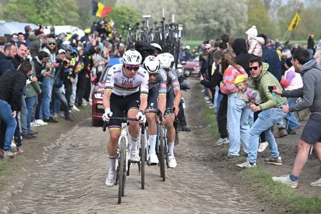 Paris Roubaix 2025 Cycling Race Roubaix, France - April 13 : Pogacar Tadej (SLO) of UAE Team Emirates - XRG, Van Der Poel Mathieu (NED) of Alpecin - Deceuninck, Philipsen Jasper (BEL) of Alpecin-Deceuninck in the escape pack during the 122nd edition of Paris Roubaix an UCI World Tour cycling race for Men Elite of 259,7 kms with start in Compiegne and finish at the Velodrome Andre-Petrieux in Roubaix on April 13, 2025 in Roubaix, France, 13 04 2025 ( Motordriver Kenny Verfaillie - Roubaix France  Copyright: xBernardxPaponx