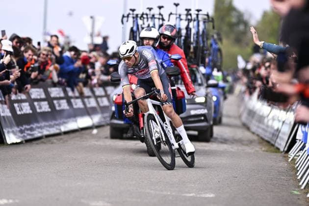 Dutch Mathieu van der Poel of Alpecin-Deceuninck pictured in action during the men elite race of the Paris-Roubaix one day cycling race, 259,2 km from Compiegne to Roubaix, France, on Sunday 13 April 2025. JASPERxJACOBS  x120723009x