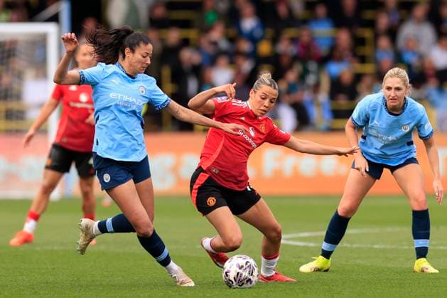 Manchester City Women v Manchester United, ManU Women Women s FA Cup 13 04 2025. Semi-Final Celin Bizet Ildhusoy (15) of Manchester United and Leila Ouahabi (15) of Manchester City challenge for the ball during the Women s FA Cup semi final match between Manchester City Women and Manchester United Women at the Joie Stadium, Manchester, United Kingdom on 13 April 2025. Manchester Joie Stadium Gt Manchester United Kingdom Editorial use only , Copyright: xConorxMolloyx PSI-21848-0042