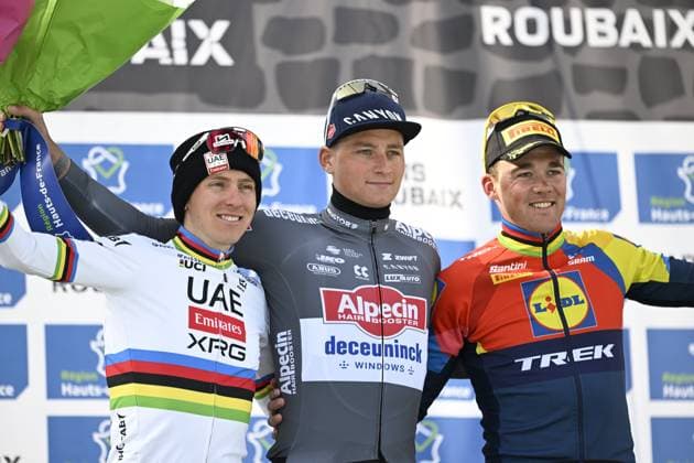 Paris Roubaix 2025 Cycling Race Roubaix, France - April 13 : Pogacar Tadej (SLO) of UAE Team Emirates - XRG, Van Der Poel Mathieu (NED) of Alpecin - Deceuninck, Pedersen Mads (DEN) of Lidl - Trek on the podium during the 122nd edition of Paris Roubaix an UCI World Tour cycling race for Men Elite of 259,7 kms with start in Compiegne and finish at the Velodrome Andre-Petrieux in Roubaix on April 13, 2025 in Roubaix, France, 13 04 2025 ( Motordriver Kenny Verfaillie - Roubaix France  Copyright: xNicoxVereeckenx