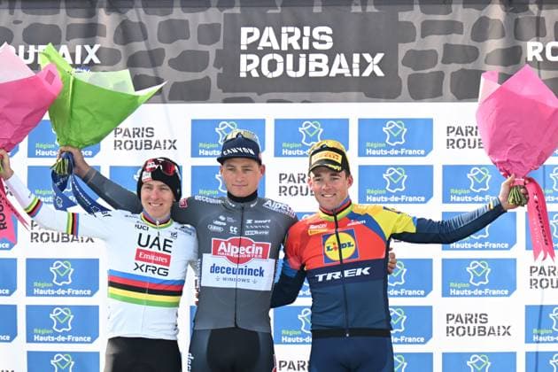 13-04-2025 Paris - Roubaix; 2025, Alpecin - Deceuninck; 2025, Uae Team Emirates - Xrg; 2025, Lidl - Trek; Van Der Poel, Mathieu; Pogacar, Tadej; Pedersen, Mads; Roubaix; 