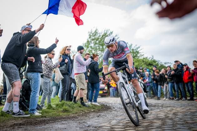 Dutch Mathieu van der Poel of Alpecin-Deceuninck pictured in action during the men elite race of the Paris-Roubaix one day cycling race, 259,2 km from Compiegne to Roubaix, France, on Sunday 13 April 2025. JASPERxJACOBS  x120734018x