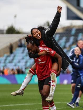 Manchester, England, April 13th 2025: Melvine Malard (9 Manchester United, ManU and Jade Riviere (14 Manchester United) celebrate at full time of the Adobe Womens FA Cup game between Manchester City and Manchester United at Joie Stadium in Manchester, England (Natalie Mincher SPP) Copyright: xNataliexMincher SPPx spp-en-NaMi-335A1993