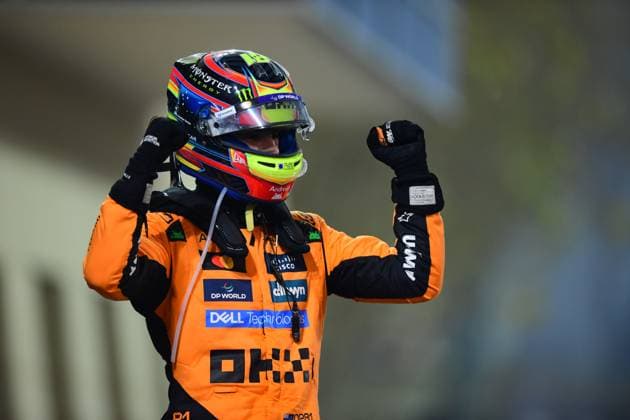 F1 Grand Prix of Bahrain Oscar Piastri of the McLaren F1 Team celebrates on the podium during the race of the Bahrain GP, the 4th round of the Formula 1 World Championship, WM, Weltmeisterschaft at the Bahrain International Circuit in Sakhir, Bahrain, on April 13, 2025. Sakhir Bahrain  Copyright: xAndreaxDiodatox originalFilename:diodato-f1bahrai250413_npwG4.jpg