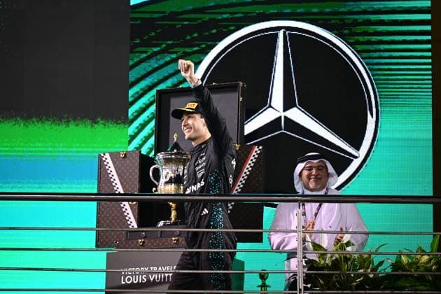 F1 Grand Prix of Bahrain George Russell of Mercedes-AMG Petronas celebrates on the podium during the race of the Bahrain GP, the 4th round of the Formula 1 World Championship, WM, Weltmeisterschaft at the Bahrain International Circuit in Sakhir, Bahrain, on April 13, 2025. Sakhir Bahrain  Copyright: xAndreaxDiodatox originalFilename:diodato-f1bahrai250413_npjY6.jpg