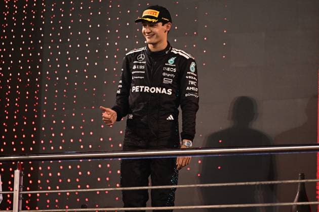F1 Grand Prix of Bahrain George Russell of Mercedes-AMG Petronas celebrates on the podium during the race of the Bahrain GP, the 4th round of the Formula 1 World Championship, WM, Weltmeisterschaft at the Bahrain International Circuit in Sakhir, Bahrain, on April 13, 2025. Sakhir Bahrain  Copyright: xAndreaxDiodatox originalFilename:diodato-f1bahrai250413_npkGN.jpg