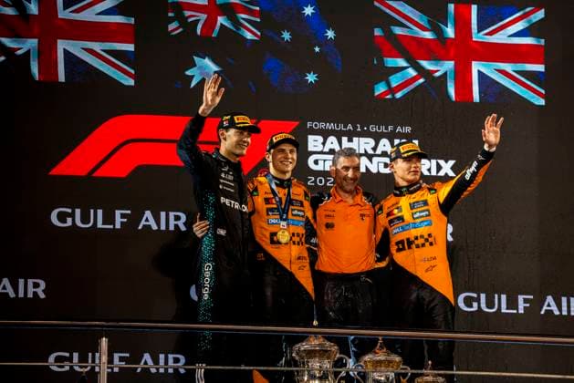 Formula 1 Gulf Air Bahrain Grand Prix 2025 Alexis Perrin OVERTAKE MAXPPP - Sakhir 13 04 2025 81 PIASTRI Oscar (aus), McLaren F1 Team, portrait, 04 NORRIS Lando (gbr), McLaren F1 Team, portrait, 63 RUSSELL George (gbr), Mercedes AMG Petronas, portrait podium during the Formula 1 Gulf Air Bahrain Grand Prix 2025, the 4th round of the 2025 FIA Formula 1 World Championship, WM, Weltmeisterschaft on the Bahrain International Circuit from April 10 to 13, 2025, in Sakhir, Bahrain during the Formula 1 Gulf Air Bahrain Grand Prix 2025, the 4th round of the 2025 FIA Formula 1 World Championship, on the Bahrain International Circuit from April 10 to 13, 2025, in Sakhir, Bahrain Sakhir Bahrain  Copyright: xOVERTAKE MAXPPPxAlexisxPerrinx OVT202504132980 OVT202504132980