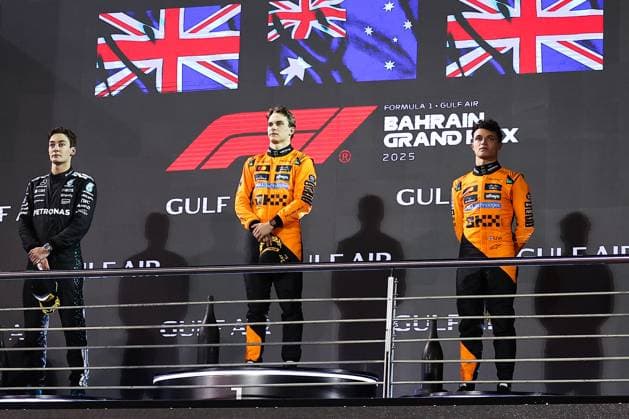 F1 - BAHRAIN GRAND PRIX 2025 PIASTRI Oscar (aus), McLaren F1 Team MCL39, portrait, RUSSELL George (gbr), Mercedes AMG F1 Team W16, portrait and NORRIS Lando (gbr), McLaren F1 Team MCL39, portrait podium during the Formula 1 Gulf Bahrain Grand Prix 2025, 4th round of the 2025 FIA Formula One World Championship, WM, Weltmeisterschaft from April 11 to 13, 2025 on the Bahrain International Circuit, in Sakhir, Bahrain - SakhirBahrain  Copyright: xEricxAlonsox