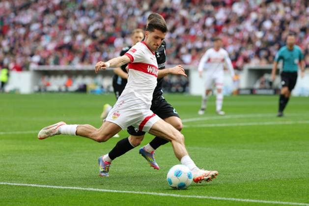 13.04.2025, Deutschland, Stuttgart, Fußball Bundesliga, Saison 2024 2025, VfB Stuttgart, vs. SV Werder Bremen, Leonidas Stergiou (VfB) Gemäß den Vorgaben der DFL Deutsche Fußball Liga ist es untersagt, in dem Stadion und oder vom Spiel angefertigte Fotoaufnahmen in Form von Sequenzbildern und oder videoähnlichen Fotostrecken zu verwerten bzw. verwerten zu lassen.