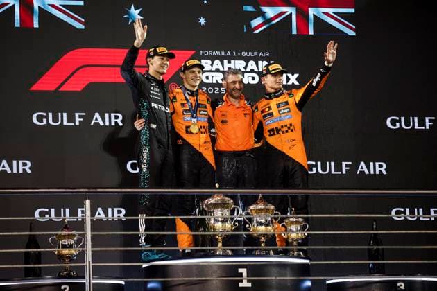 F1 - BAHRAIN GRAND PRIX 2025 RUSSELL George (gbr), Mercedes AMG F1 Team W16, portrait PIASTRI Oscar (aus), McLaren F1 Team MCL39, portrait STELLA Andrea (ita), Team Principal of McLaren F1 Team, portrait NORRIS Lando (gbr), McLaren F1 Team MCL39, portrait podium during the Formula 1 Gulf Bahrain Grand Prix 2025, 4th round of the 2025 FIA Formula One World Championship, WM, Weltmeisterschaft from April 11 to 13, 2025 on the Bahrain International Circuit, in Sakhir, Bahrain - SakhirBahrain  Copyright: xXavixBonillax