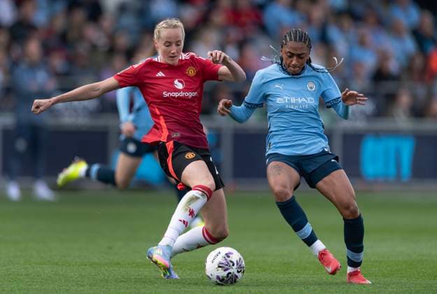 Manchester City v Manchester United, ManU - The Adobe Women s FA Cup Semi Final MANCHESTER, ENGLAND - APRIL 13: Kerolin Nicoli of Manchester City and Millie Turner of Manchester United in action during The Adobe Women s FA Cup Semi Final match between Manchester City and Manchester United at Joie Stadium on April 13, 2025 in Manchester, England. Kerolin Nicoli; Millie Turner Manchester Joie Stadium England United Kingdom Copyright: xVisionhausx 776303735