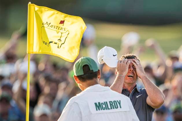 250413 Rory McIlroy of Northern Ireland celebrates after the final round of the 2025 Masters Golf Tournament on April 13, 2025 in Augusta. Photo: Petter Arvidson BILDBYRAN kod PA PA1010 bbeng golf masters the masters augusta us masters jubel Copyright: PETTERxARVIDSON BB250413PA146