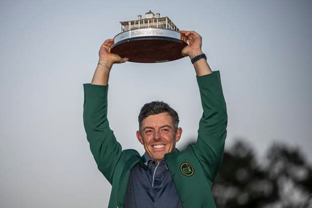 250413 Rory McIlroy of Northern Ireland celebrates after winning the final round of the 2025 Masters Golf Tournament on April 13, 2025 in Augusta. Photo: Petter Arvidson BILDBYRAN kod PA PA1010 bbeng golf masters the masters augusta us masters jubel Copyright: PETTERxARVIDSON BB250413PA151
