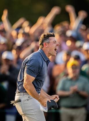 250413 Rory McIlroy of Northern Ireland celebrates on the 18th green after his final putt in the playoff to win the final round of the 2025 Masters Golf Tournament on April 13, 2025 in Augusta. Photo: Petter Arvidson BILDBYRAN kod PA PA1010 bbeng golf masters the masters augusta us masters jubel Copyright: PETTERxARVIDSON BB250413PA166