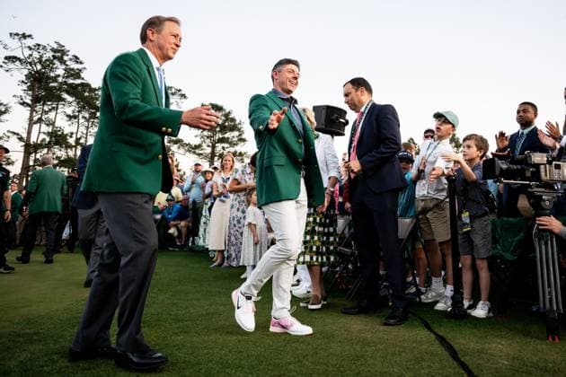 250413 Rory McIlroy of Northern Ireland after the Green Jacket Ceremony after winning the 2025 Masters Golf Tournament on April 13, 2025 in Augusta. Photo: Petter Arvidson BILDBYRAN kod PA PA1010 bbeng golf masters the masters augusta us masters jubel Copyright: PETTERxARVIDSON BB250413PA190