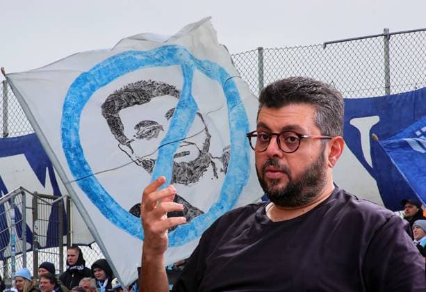 ! ACHTUNG FOTOMONTAGE ! Hier im Bild Hasan Ismaik, der angeblich bereit wäre, seine Anteile am TSV 1860 München zu verkaufen, falls sich ein Käufer finden lässt. im Hintergrund mit dem durchgestrichenen Kopf von Hasan Ismaik, Ultras die ihn hassen, keine Wertschätzung, undankbarkeit