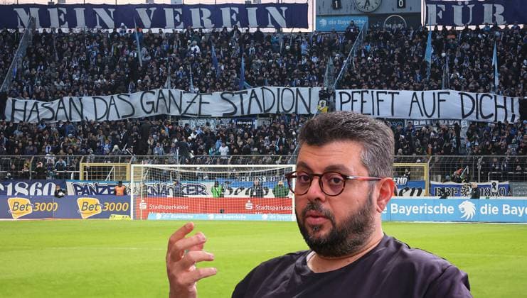 ! ACHTUNG FOTOMONTAGE ! Hier im Bild Hasan Ismaik, der angeblich bereit wäre, seine Anteile am TSV 1860 München zu verkaufen, falls sich ein Käufer finden lässt. im Hintergrund ein Spruchband in der Westkurve der Ultras, die den Investor hassen und schon immer los werden wollten, undankbarkeit, keine Wertschätzung