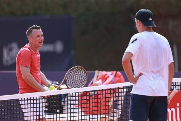 Justin Engel (GER) trainiert mit Trainer, coach, Philipp Kohlschreiber Tennis - BMW Open 2025 - ATP, Tennis Herren 500 - MTTC Iphitos - Munich - - Germany - 14 April 2025. Copyright: xJuergenxHasenkopfx