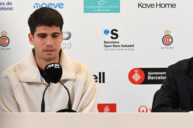 Carlos Alcaraz, APRIL14, 2025 - Tennis : Alcaraz during press conference, PK, Pressekonferenz on the Barcelona Open Banc Sabadell tennis tournament at the Real Club de Tenis de Barcelona in Barcelona, Spain. Copyright: xAndreaxRositox DSC_9852