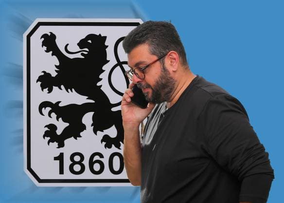 ! ACHTUNG FOTOMONTAGE ! Hier im Bild Hasan Ismaik mit Telefon, beim Telefonieren mit Handy, der angeblich bereit wäre, seine Anteile am TSV 1860 München zu verkaufen, falls sich ein Käufer finden lässt. im Hintergrund das Logo des Vereins leicht verwischt