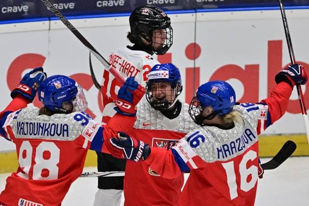 L-R in front Kristyna Kaltounkova, Adela Sapovalivova and Katerina Mrazova (all CZE) celebrate a goal (1:1) during the IIHF Women s World Championship, WM, Weltmeisterschaft Group A, match Czechia vs Canada, in Ceske Budejovice, Czech Republic, on April 14, 2025. (CTKxPhoto VaclavxPancer) CTKPhotoP2025041406818  CTKPhotoP2025041406818