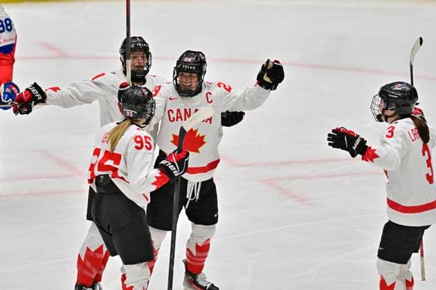 Marie-Philip Poulin (CAN; middle) celebrates a goal (0:1) with teammates during the IIHF Women s World Championship, WM, Weltmeisterschaft Group A, match Czechia vs Canada, in Ceske Budejovice, Czech Republic, on April 14, 2025. (CTKxPhoto VaclavxPancer) CTKPhotoP2025041407120  CTKPhotoP2025041407120