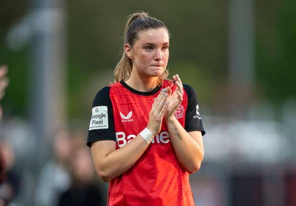 Karolina Lea Vilhjalmsdottir (Bayer 04 Leverkusen, 18) 14.04.2025, Bayer Leverkusen - 1. FC Köln, Fussball, Google Pixel Frauen-Bundesliga, GER, Leverkusen, Ulrich Haberland Stadion, Saison 24 25, 19. Spieltag DFL regulations prohibit any use of photographs as image sequences and or quasi-video. Copyright: HMBxMedia xMarcoxBader