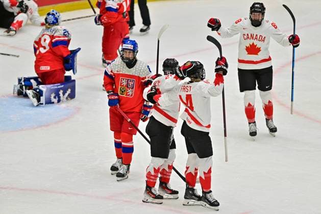 Julia Gosling (CAN; right) celebrates second Canadian goal (1:2) during the IIHF Women s World Championship, WM, Weltmeisterschaft Group A, match Czechia vs Canada, in Ceske Budejovice, Czech Republic, on April 14, 2025. (CTKxPhoto VaclavxPancer) CTKPhotoP2025041407447  CTKPhotoP2025041407447