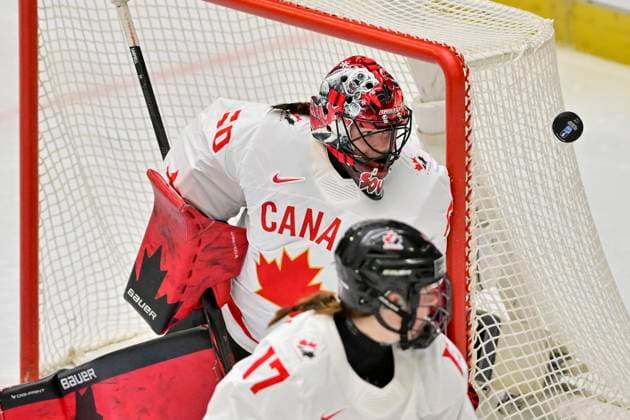 Goalkeeper Kristen Campbell (CAN) in action during the IIHF Women s World Championship, WM, Weltmeisterschaft Group A, match Czechia vs Canada, in Ceske Budejovice, Czech Republic, on April 14, 2025. (CTKxPhoto VaclavxPancer) CTKPhotoP2025041407453  CTKPhotoP2025041407453