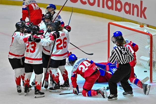 Canadian players celebrate 5th goal (1:5) during the IIHF Women s World Championship, WM, Weltmeisterschaft Group A, match Czechia vs Canada, in Ceske Budejovice, Czech Republic, on April 14, 2025. (CTKxPhoto VaclavxPancer) CTKPhotoP2025041407568  CTKPhotoP2025041407568