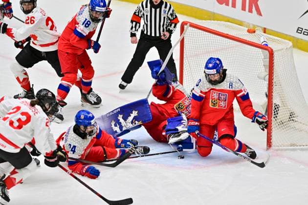 Goalkeeper Klara Peslarova (CZE) get 3rd goal (1:3) during the IIHF Women s World Championship, WM, Weltmeisterschaft Group A, match Czechia vs Canada, in Ceske Budejovice, Czech Republic, on April 14, 2025. (CTKxPhoto VaclavxPancer) CTKPhotoP2025041407573  CTKPhotoP2025041407573