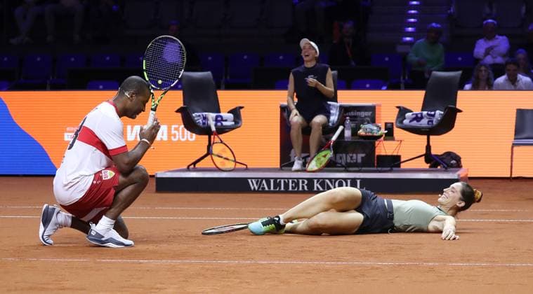14.04.25 Porsche Tennis Grand Prix Deutschland, Stuttgart, 14.04.2025, Tennis, Porsche Tennis Grand Prix 2025 Stuttgart: v.l. Cacau, Andrea Petkovic.