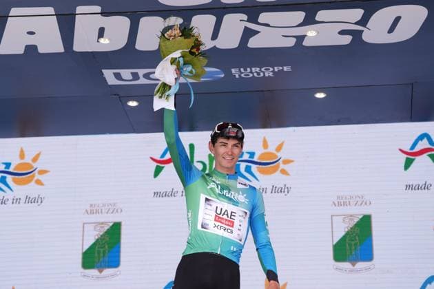Covi Alessandro Of Uae Team Emirates Xrg winner of the stage 1 on the podium during the Giro d™Abruzzo, stage 1 from Scerni to Crecchio (151 km) - Abruzzo, Italy - Tuesday, April 15, 2025. - cycling .  Copyright: xMassimoxPaolone LaPressex