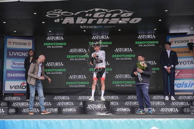 Fancellu Alessandro Of Jcl Team Ukyo white jersey on the podium during the Giro d™Abruzzo, stage 1 from Scerni to Crecchio (151 km) - Abruzzo, Italy - Tuesday, April 15, 2025. - cycling .  Copyright: xMarcoxAlpozzi LaPressex