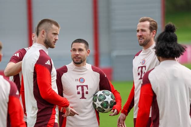 Eric Dier (FC Bayern Muenchen, 15) mit Raphael Guerreiro (FC Bayern Muenchen, 22) und Harry Kane (FC Bayern Muenchen, 09), mit Serge Gnabry (FC Bayern Muenchen, 07), GER, Abschlusstraining, FC Bayern Muenchen, Fussball, UEFA Champions League, Viertelfinale Rueckspiel, Saison 2024 2025, 15.04.2025, GER, Abschlusstraining, FC Bayern Muenchen, Fussball, UEFA Champions League, Viertelfinale Rueckspiel, Saison 2024 2025, 15.04.2025 Muenchen Copyright: xEibner-Pressefoto JennixMaulx EP_JML