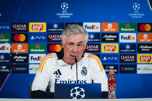 Real Madrid CF Training Session And press conference, PK, Pressekonferenz - UEFA Champions League 2024 25 Quarter Final Second Leg Carlo Ancelotti, head coach of Real Madrid CF, speaks during the Press Conference ahead of their UEFA Champions League 2024 25 quarter final second leg match at Ciudad Real Madrid on April 15, 2025 in Madrid, Spain. Valdebebas Ciudad Real Madrid Madrid Spain Copyright: xAlbertoxGardinx AGardin_20250415_Football_Champions_Real_PC_0274