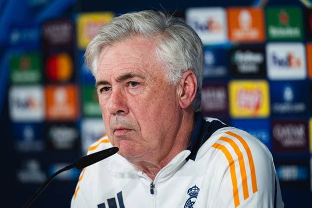 Real Madrid CF Training Session And press conference, PK, Pressekonferenz - UEFA Champions League 2024 25 Quarter Final Second Leg Carlo Ancelotti, head coach of Real Madrid CF, speaks during the Press Conference ahead of their UEFA Champions League 2024 25 quarter final second leg match at Ciudad Real Madrid on April 15, 2025 in Madrid, Spain. Valdebebas Ciudad Real Madrid Madrid Spain Copyright: xAlbertoxGardinx AGardin_20250415_Football_Champions_Real_PC_0275