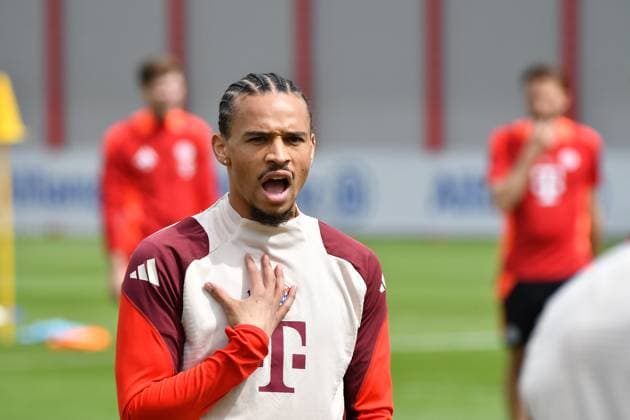 15.04.2025, FC Bayern Training Center, München, Letzte Trainingseinheit für den FC Bayern München bevor es nach Mailand geht. , im Bild Leroy Sane (München) (Photo by Midori Ikenouchi Hasan Bratic DeFodi Images)