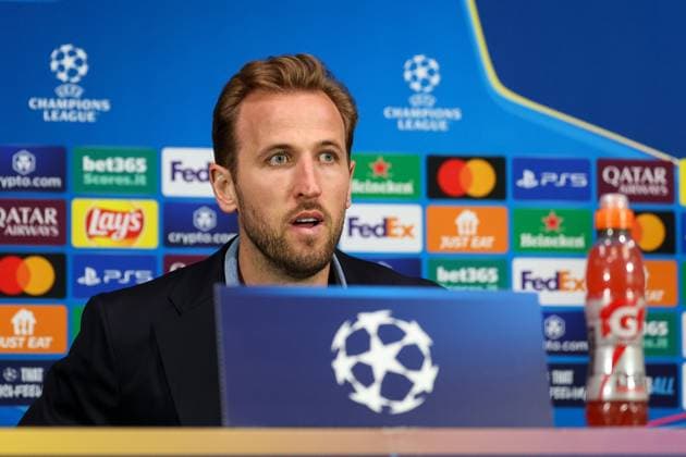 Harry Kane 9 (FC Bayern Muenchen) auf der Pressekonferenz, Pressekonferenz, Inter Mailand vs. FC Bayern Muenchen, Fussball, Champions League, Viertelfinale, Rueckspiel, 15.04.2025 Mailand Lombardei Italien