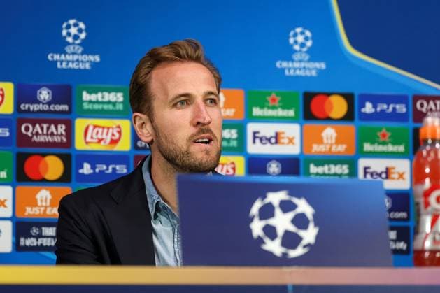 Harry Kane 9 (FC Bayern Muenchen) auf der Pressekonferenz, Pressekonferenz, Inter Mailand vs. FC Bayern Muenchen, Fussball, Champions League, Viertelfinale, Rueckspiel, 15.04.2025 Mailand Lombardei Italien