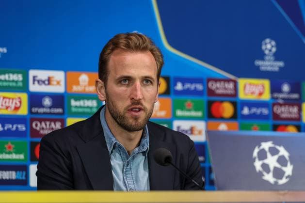 Harry Kane 9 (FC Bayern Muenchen) auf der Pressekonferenz, Pressekonferenz, Inter Mailand vs. FC Bayern Muenchen, Fussball, Champions League, Viertelfinale, Rueckspiel, 15.04.2025 Mailand Lombardei Italien