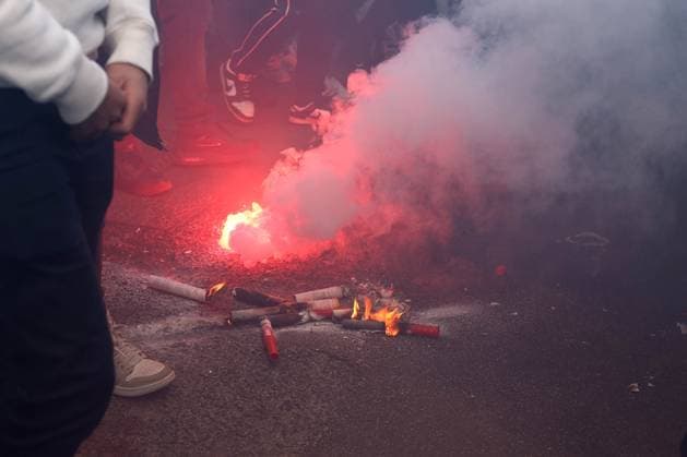 Aston Villa v PSG 15 April 2025, Aston - Champions League Football, Quarter-Final, Second Leg - Aston Villa v Paris Saint-Germain - Dwindling and extinguished flares on the road - Photo: Charlotte Wilson Offside. Aston UK Copyright: xCharlottexWilsonx xOffsidexOffside