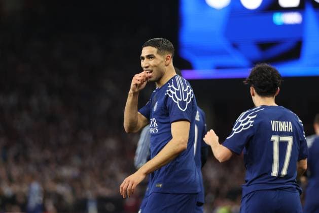Achraf Hakimi Paris Saint-Germain celebrates a goal 0-1. Aston Villa v Paris Saint-Germain, UEFA Champions League, Quarter-Finals, 2nd Leg, Football, Villa Park, Birmingham, UK - 15 Apr 2025 EDITORIAL USE ONLY No use with unauthorised audio, video, data, fixture lists, club league logos or live services. Online in-match use limited to 120 images, no video emulation. No use in betting, games or single club league player publications. Copyright: xRyanxBrowne Shutterstockx 15253922au