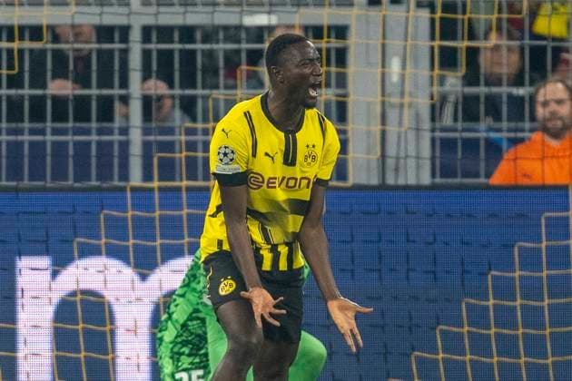15.04.2025, Borussia Dortmund vs. FC Barcelona, Barca UEFA Champions League, Viertelfinale, Rückspiel: Dortmunds Serhou Guirassy schreit. Wichtiger Hinweis: Gemaess den Vorgaben der UEFA ist es untersagt, in dem Stadion und oder vom Spiel angefertigte Fotoaufnahmen in Form von Sequenzbildern und oder videoaehnlichen Fotostrecken zu verwerten bzw. verwerten zu lassen. Copyright: xDavidxInderliedx